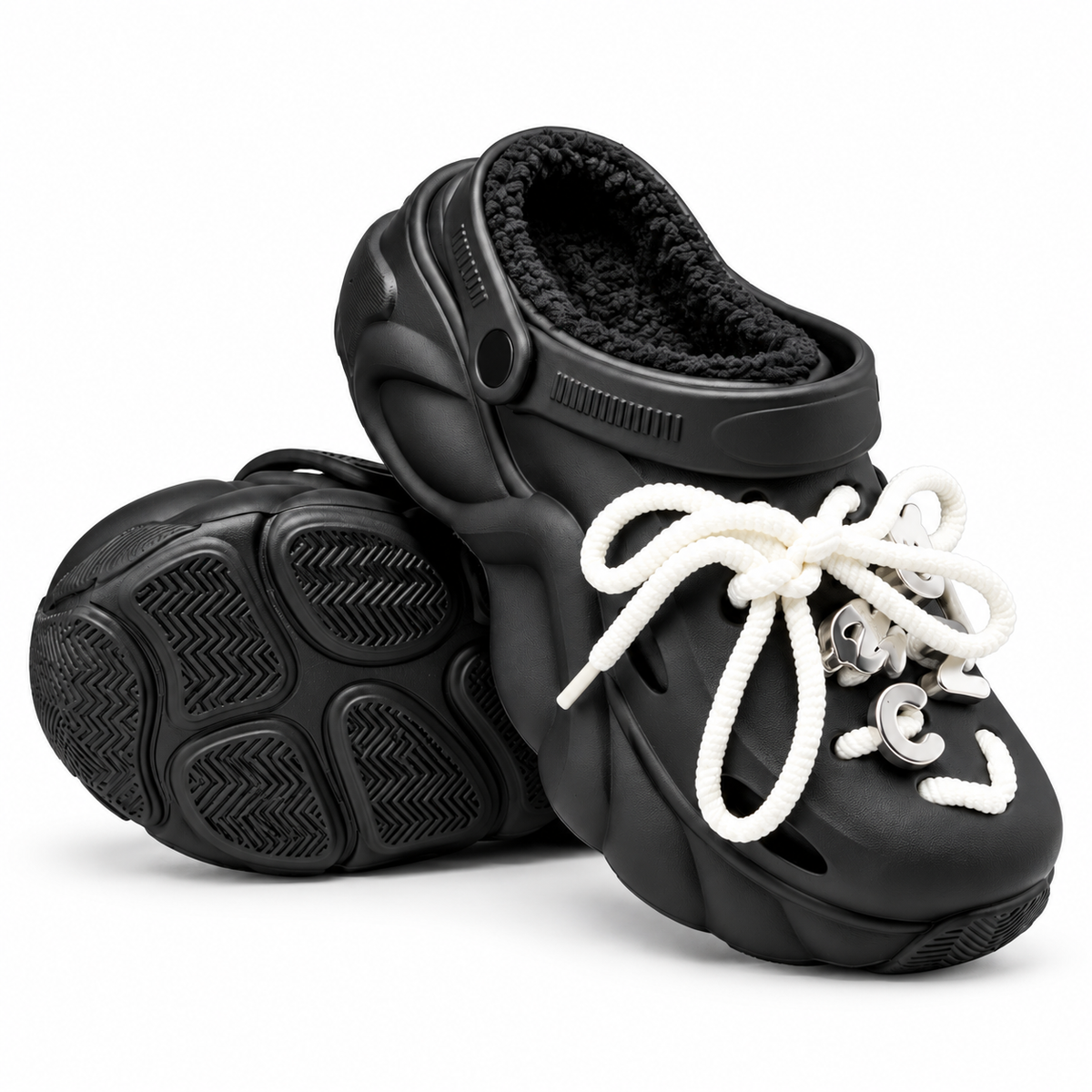 Sabots fourrés style Crocs pour femme – Nœud et charms